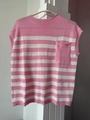 Women's pink and white striped knit sweater vest with crew neck and front pocket detail - S / Pink