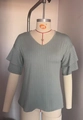 Sage green V-neck T-shirt with double-layered ruffle sleeves and ribbed knit texture - Sage Green