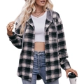 Dames flanellen geruite overshirt met capuchon in zwart-wit met handige borstzakken - S / Zwart