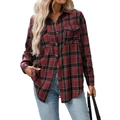 Camicia scozzese da donna rossa e nera, vestibilità ampia con due tasche sul petto - S / Rosso Vino Scuro
