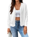 Weiße Langarm-Strickjacke mit V-Ausschnitt, Knopfleiste und feinen gewellten Rippbündchen - S / Weiß