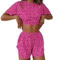 Damen-Set mit rosa Leopardenmuster, bauchfreiem Oberteil und Shorts mit Kordelzug - S / Leopardenmuster