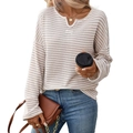Women's loose-fit striped waffle knit top with V-notch neck in beige and white - S / Apricot Striped