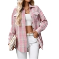 Women's loose casual plaid shirt with long sleeves and dual chest pockets in pink and white - Pink