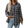 Women's blue and beige plaid shirt jacket with chest pockets and button-down front - Navy Blue