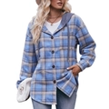 Hemelsblauwe en beige geruite flanellen overhemdjas met capuchon voor dames - S / Blauw