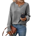 Women's black and white striped waffle knit long sleeve top with a V-neckline - S / Striped Black