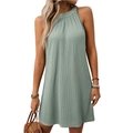 Sage green halter sleeveless dress with ribbed texture and loose casual summer fit - S / Bean Green