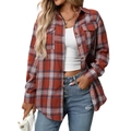 Women's casual plaid shirt with chest pockets in orange and navy blue flannel - Caramel color
