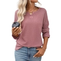 Women's pink striped waffle knit top featuring a unique split crew neck and long sleeves - S / Dusty Pink