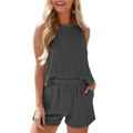 Women summer casual 2-piece rib-knit set with sleeveless round neck top and shorts - Dark Gray