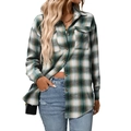 Women's loose long sleeve plaid shirt in green white and blue check pattern with pockets - Dreamy Green