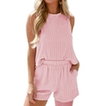 Conjunto rosa de dos piezas en punto de canalé con top sin mangas y pantalones cortos - S / Rosa Claro