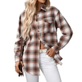 Women's loose plaid flannel shirt featuring orange and light blue color-block check pattern - Dreamy Orange