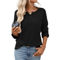 Maglia casual nera da donna in maglia a nido d'ape con maniche lunghe e scollo a V - Nero