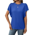 T-shirt bleu foncé à col rond avec texture plissée et manches à volants pour femmes - Bleu Saphir