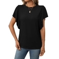 Women's black round neck T-shirt with ruffled cap sleeves and vertical ribbed texture - S / Tops / Black