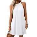Summer sleeveless halter neck dress in white with vertical ribbed texture and A-line cut - S / White