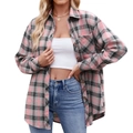 Oversize pink and grey plaid long sleeve button-up shirt with front pocket and wood buttons - Pink