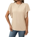 Women's light beige crew neck T-shirt with ruffle sleeves and vertical ribbed texture - S / Tops / Apricot