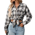 Women's casual blue plaid long sleeve shirt with front pockets and front knot styling - Dreamy Gray