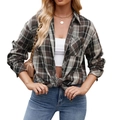Women's oversized brown plaid button-down shirt with long sleeves and front chest pocket - Coffee