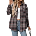 Women's oversized red and black plaid flannel shirt with front pockets and wood buttons - Khaki Red Black
