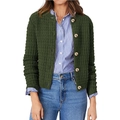 Dark green waffle knit cardigan with round neck and wooden buttons for women's casual wear - S / Army Green