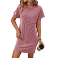 Women's dusty pink knit short sleeve dress with crew neck and front pocket detail - S / Pink
