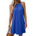 Blue sleeveless halter dress with vertical texture for a loose summer beach look - Sapphire Blue