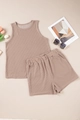 Women's 2-piece coffee brown ribbed knit sleeveless tank top and elastic shorts set - Coffee