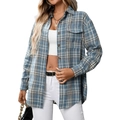 Women's casual loose plaid shirt in blue and white checks with chest pockets - Denim Blue
