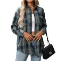 Women's oversized plaid flannel shirt in green and blue pattern with chest pockets - Teal Blue