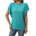 Teal pleated short sleeve T-shirt for women featuring elegant ruffle sleeves and round neck - S / Tops / Turquoise Green