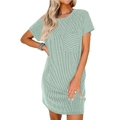 Short sleeve mint green ribbed dress with round neck and chest pocket detail - S / Light Green