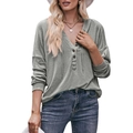 Women casual loose hooded long sleeve henley shirt in sage green with wood buttons - M / Gray