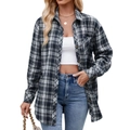 Women's oversized plaid flannel shirt in navy and grey check with front pocket - S / Navy Blue