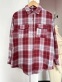 Women's loose-fit long sleeve flannel shirt with red, white, and blue plaid pattern - Multicolor (Real Item)