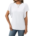 White textured short sleeve t-shirt with ruffle sleeves and round neck for women - S / Tops / White