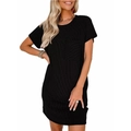 Women's short sleeve black knit dress with round neck and single front pocket - S / Black
