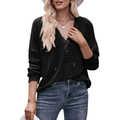 Women's casual black Henley hoodie with long sleeves and drawstring in waffle knit fabric - M / Black