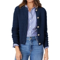 Navy blue waffle knit cardigan with round neck and brown buttons for casual style - S / Navy Blue
