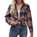 Camisa de franela oversize a cuadros para mujer con bolsillos en el pecho y botones clásicos - S / Caqui Negro