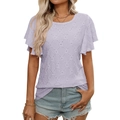 T-shirt in maglia lavanda con doppie maniche a balze e scollo rotondo per un look casual - Taglia S / Viola chiaro