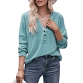 Women's casual V-neck hoodie sweatshirt in light teal knit fabric with button details - M / Lake Green
