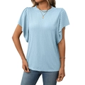 T-shirt bleu clair à col rond avec manches à volants et maille texturée verticale - Bleu clair