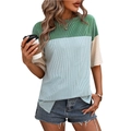 Women's crewneck T-shirt with color block design and ribbed knit texture in green and blue - Light Lake Green