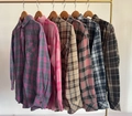 Women's casual plaid long sleeve shirts displayed in six varied color options - Multicolor