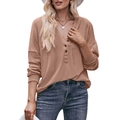 Women's casual loose-fit camel hooded henley sweatshirt with buttons and drawstring - M / Dark Khaki
