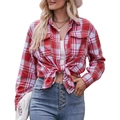 Camisa oversize para mujer de cuadros rojos y blancos con bolsillos de solapa - S / Rojo